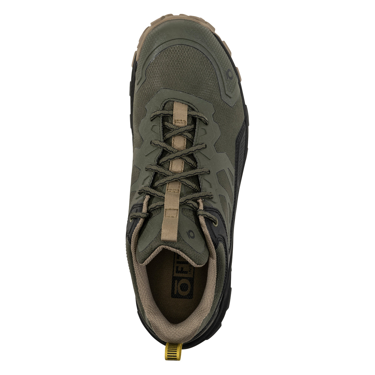 Top-down view of a single olive green OBOZ KATABATIC LOW B-DRY EVERGREEN - MENS hiking shoe with laces.