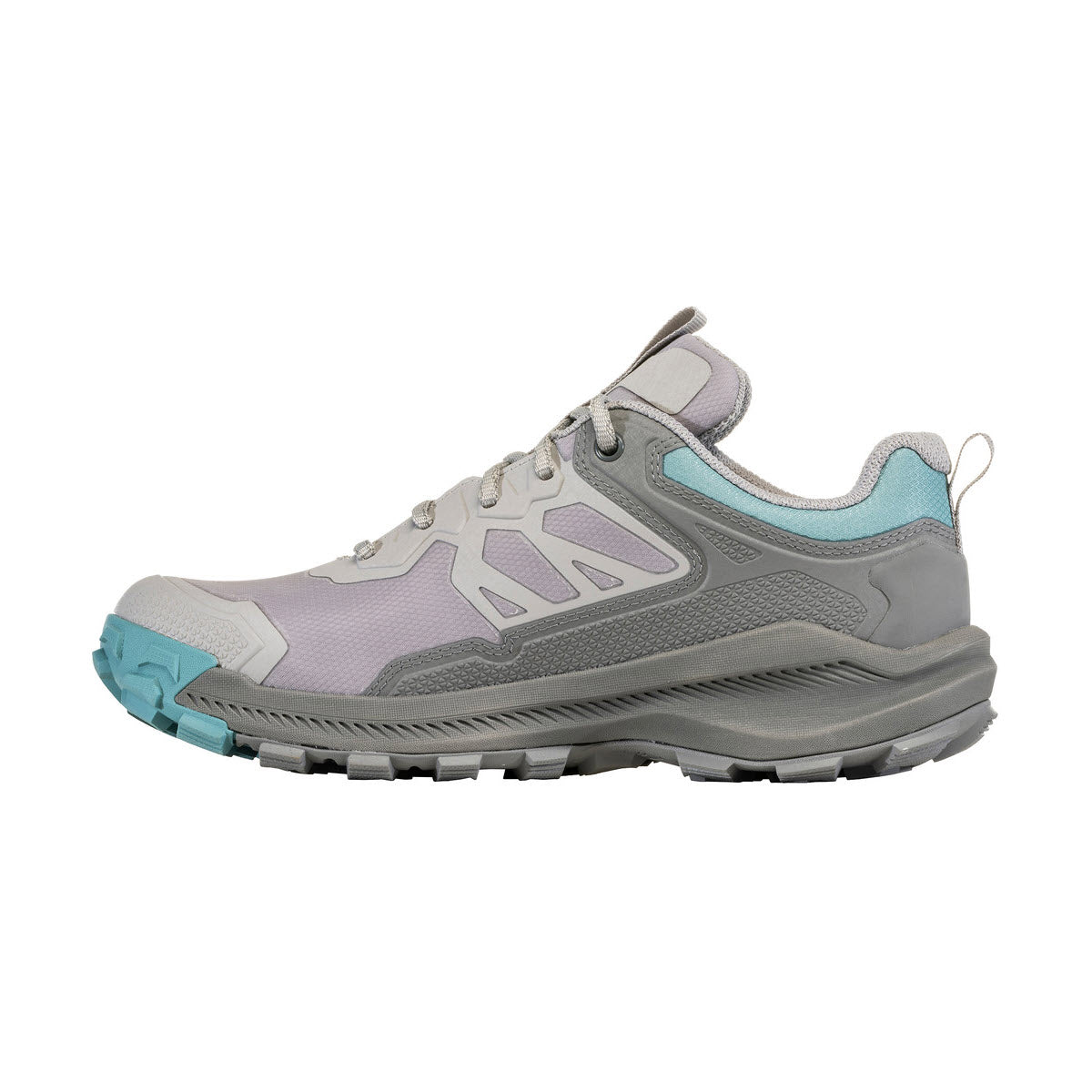 A side view of a modern OBOZ KATABATIC LOW B-DRY ISLAND hiking shoe by Oboz featuring a gray and pastel color scheme.