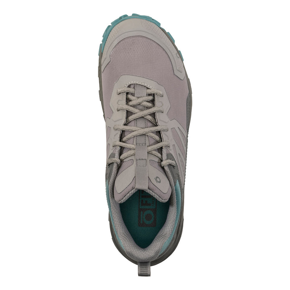 Top view of a grey and teal OBOZ KATABATIC LOW B-DRY ISLAND hiking shoe with a B-DRY waterproof breathable membrane.