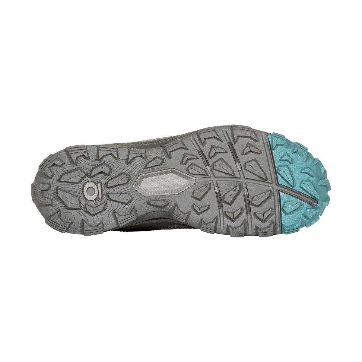 B-DRY waterproof tread pattern on the sole of a hiking shoe with grey and blue accents, such as the OBOZ KATABATIC LOW B-DRY ISLAND - WOMENS by Oboz.