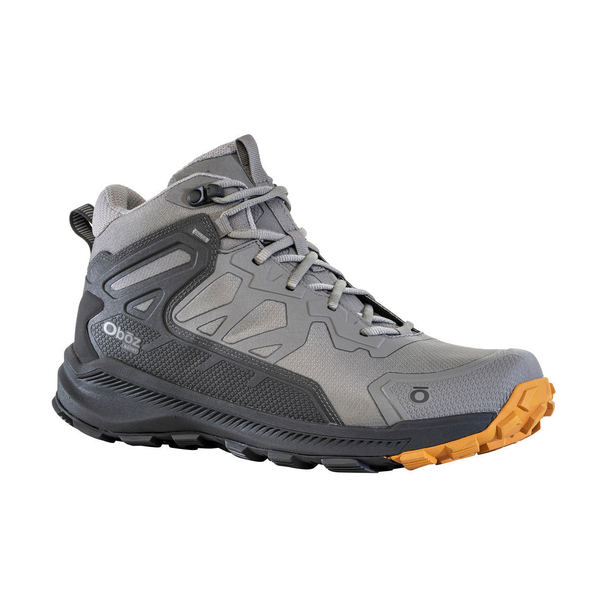 Sentence with Product Name and Brand Name: Oboz Katabatic Mid hiking boot with detailed stitching and orange accents on a white background.