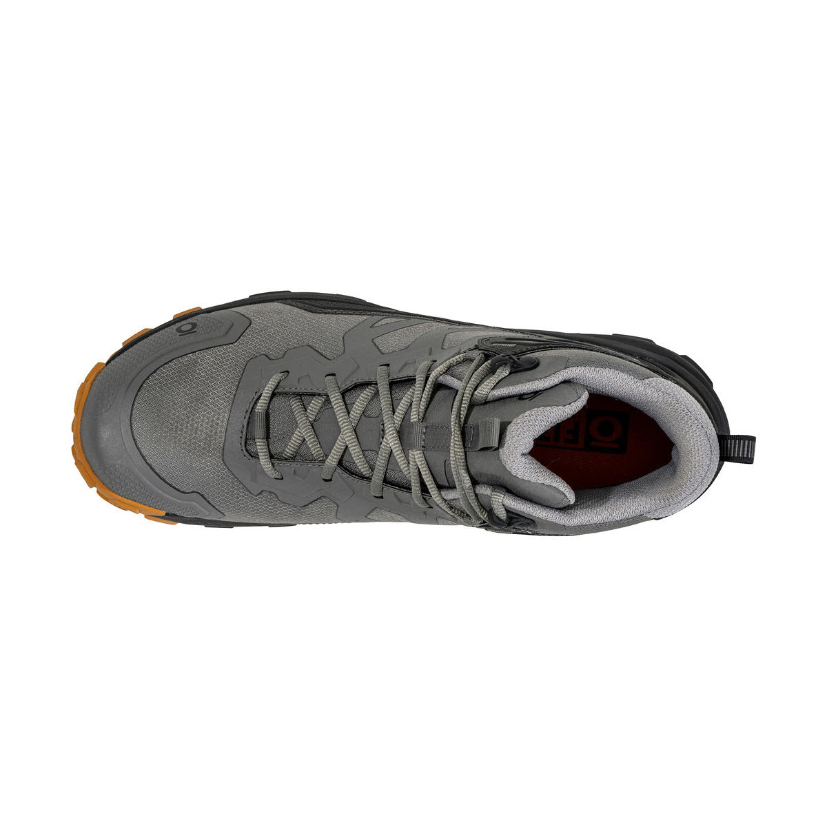 Top view of a gray OBOZ KATABATIC MID B-DRY HAZY GRAY - MENS hiking shoe with orange accents on a white background.