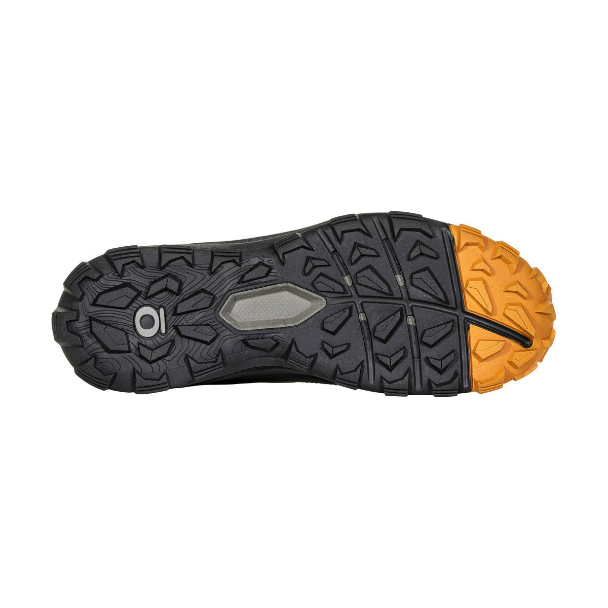 Sole of an Oboz Katabatic Mid B-Dry Hazy Gray - Mens hiking shoe with a black and gray tread pattern and an orange heel section.