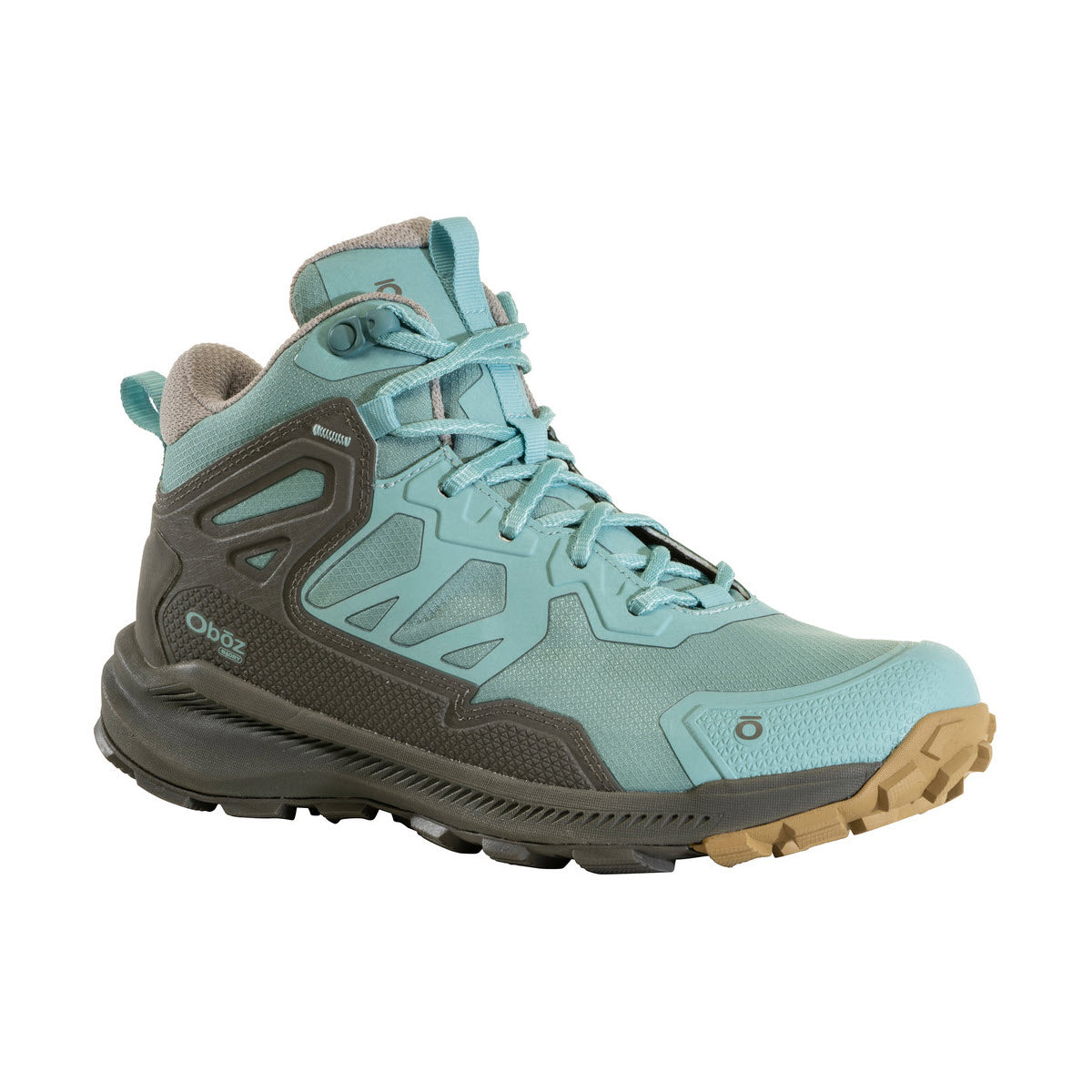 A single light blue and gray waterproof Oboz Katabatic Mid B-Dry Island hiking boot on a white background.