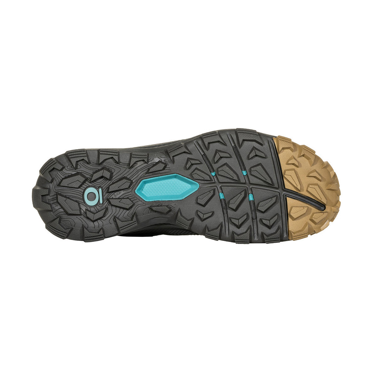 Bottom view of a Oboz Katabatic Mid B-Dry Island hiking boot sole featuring a multi-colored tread pattern in black, gray, and tan with blue accents, designed for breathability and waterproof protection.