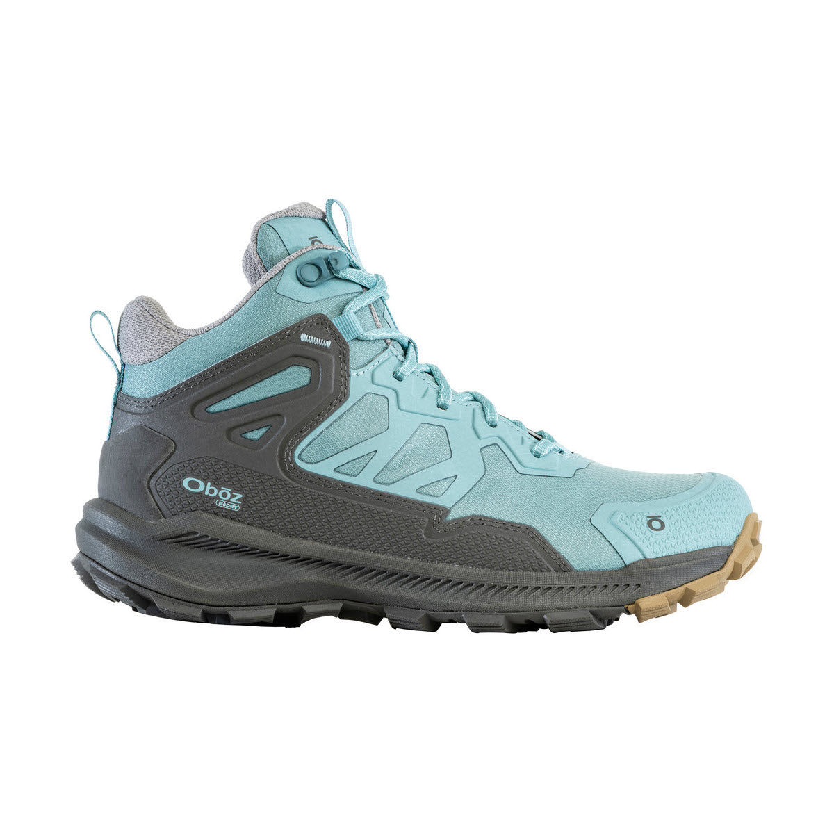 A single Oboz Katabatic Mid B-Dry Island hiking shoe in shades of blue and gray, featuring a thick rubber sole and lace-up front, isolated on a white background.