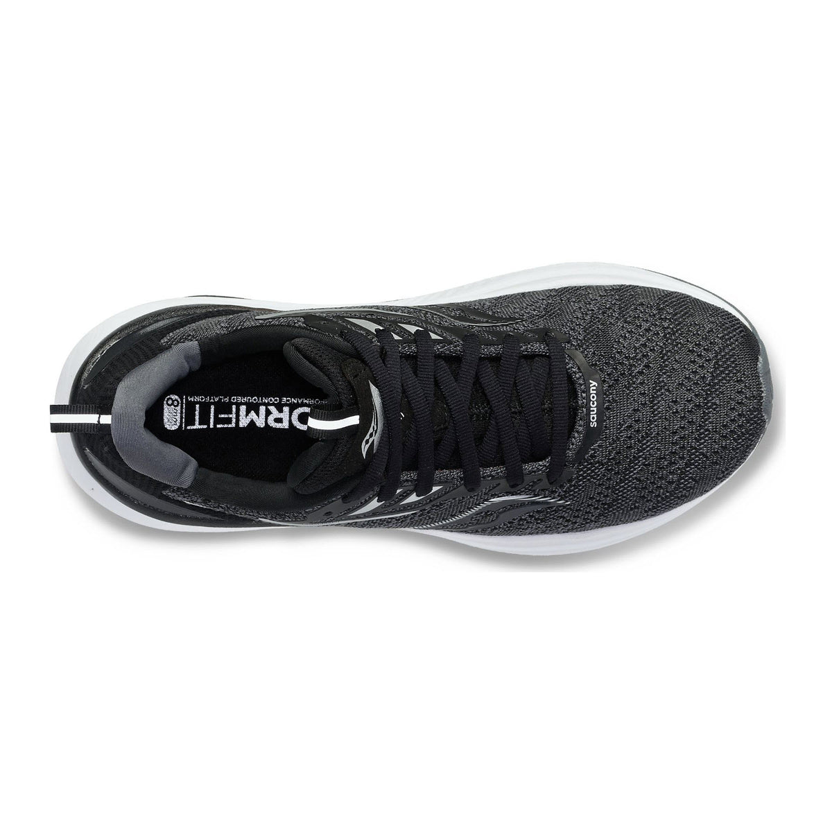 Top view of a single Saucony Echelon 9 black and white running shoe with laces, featuring a breathable mesh upper and max cushioning, with a label displaying the brand name &quot;Saucony&quot;.