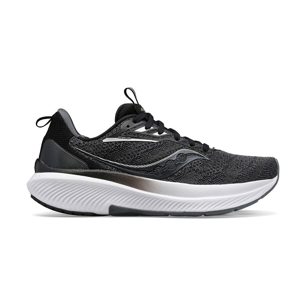 Black and gray Saucony SAUCONY ECHELON 9 running shoe with max cushioning, a thick, white sole, and black laces, viewed from the side.