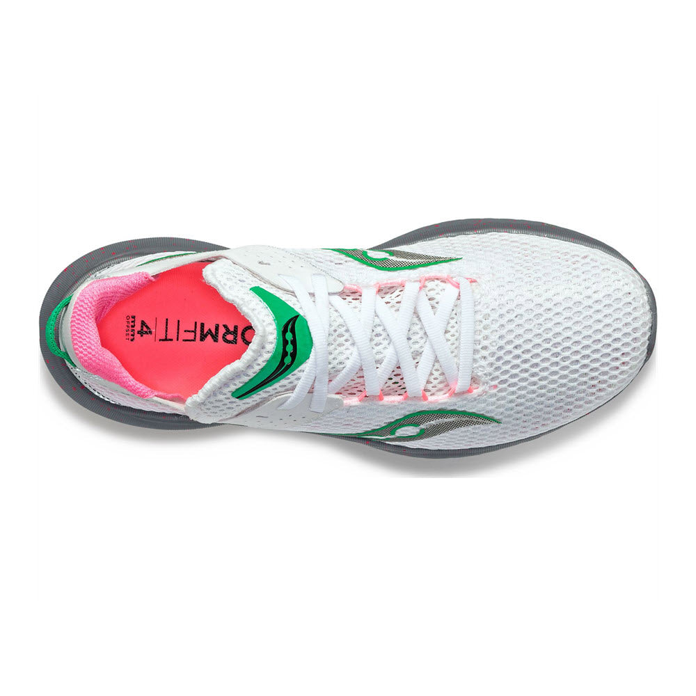 Top view of a white running shoe with pink and green accents, Saucony Kinvara 14 branding on the insole.