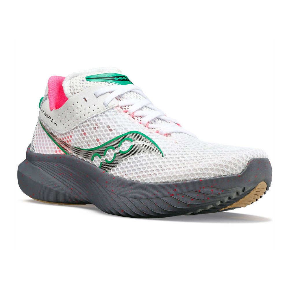 Saucony Kinvara 14 White/Gravel running shoe with pink and green accents and splatter pattern on the sole, featuring a breathable mesh upper and a robust outsole with PWRRUN foam cushioning.