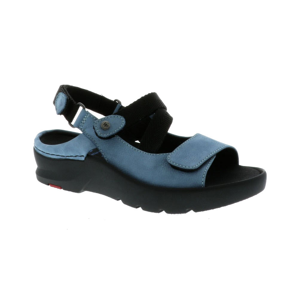 Wolky Lisse Baltic Blue - Women&#39;s sport sandal with a leather upper and an adjustable strap, featuring a black rubber sole, isolated on a white background.
