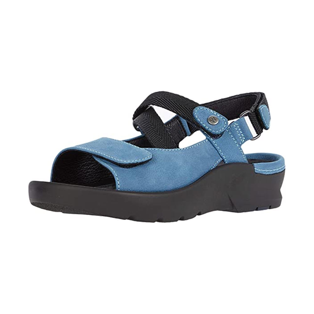 Wolky Lisse Baltic Blue sport sandal with a leather upper and adjustable straps, featuring a black rubber sole, isolated on a white background.