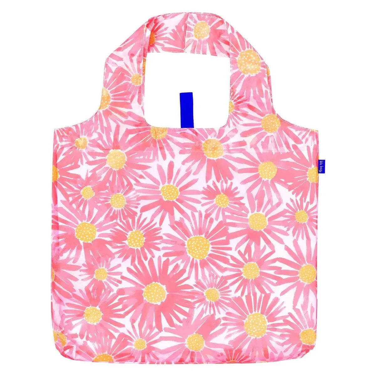 BLU BAG DAISIES reusable shopping bag from Rockflowerpaper with a pink and yellow floral pattern, featuring integrated handles and an eco-friendly tote design with a blue brand tag on the side.