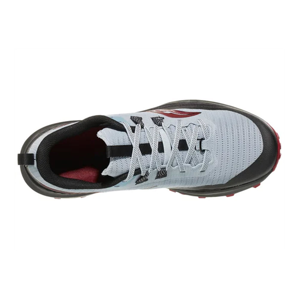 Top view of a gray and red Saucony Peregrine 13 Vapor/Poppy trail running shoe with black laces and sole, featuring a breathable mesh upper.