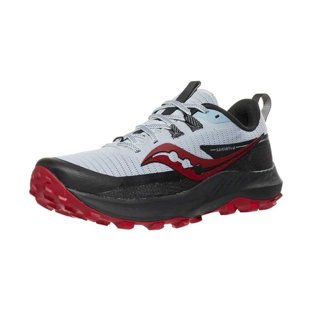 A side view of a Saucony Peregrine 13 Vapor/Poppy, versatile trail shoe with a white and gray upper and a red, rugged sole.