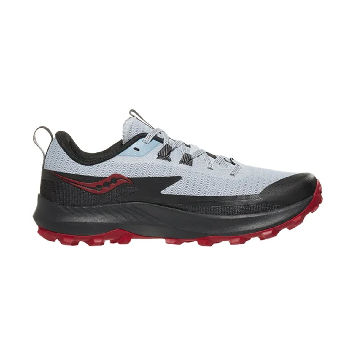 Side view of a gray and black Saucony Peregrine 13 Vapor/Poppy - Mens with red accents and rugged soles on a white background.