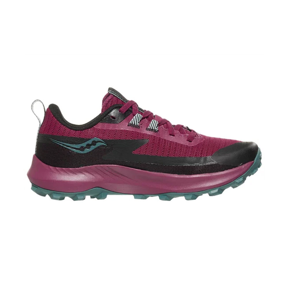 A versatile pink and black Saucony Peregrine 13 Berry/Mineral trail running shoe with a rugged sole and a loop on the heel.