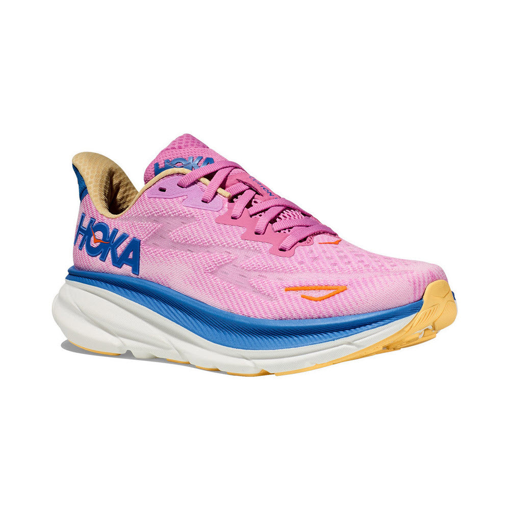 A pink and blue HOKA Clifton 9 CYCLAMEN/SWEET running shoe with a white and yellow sole, shown from the side.