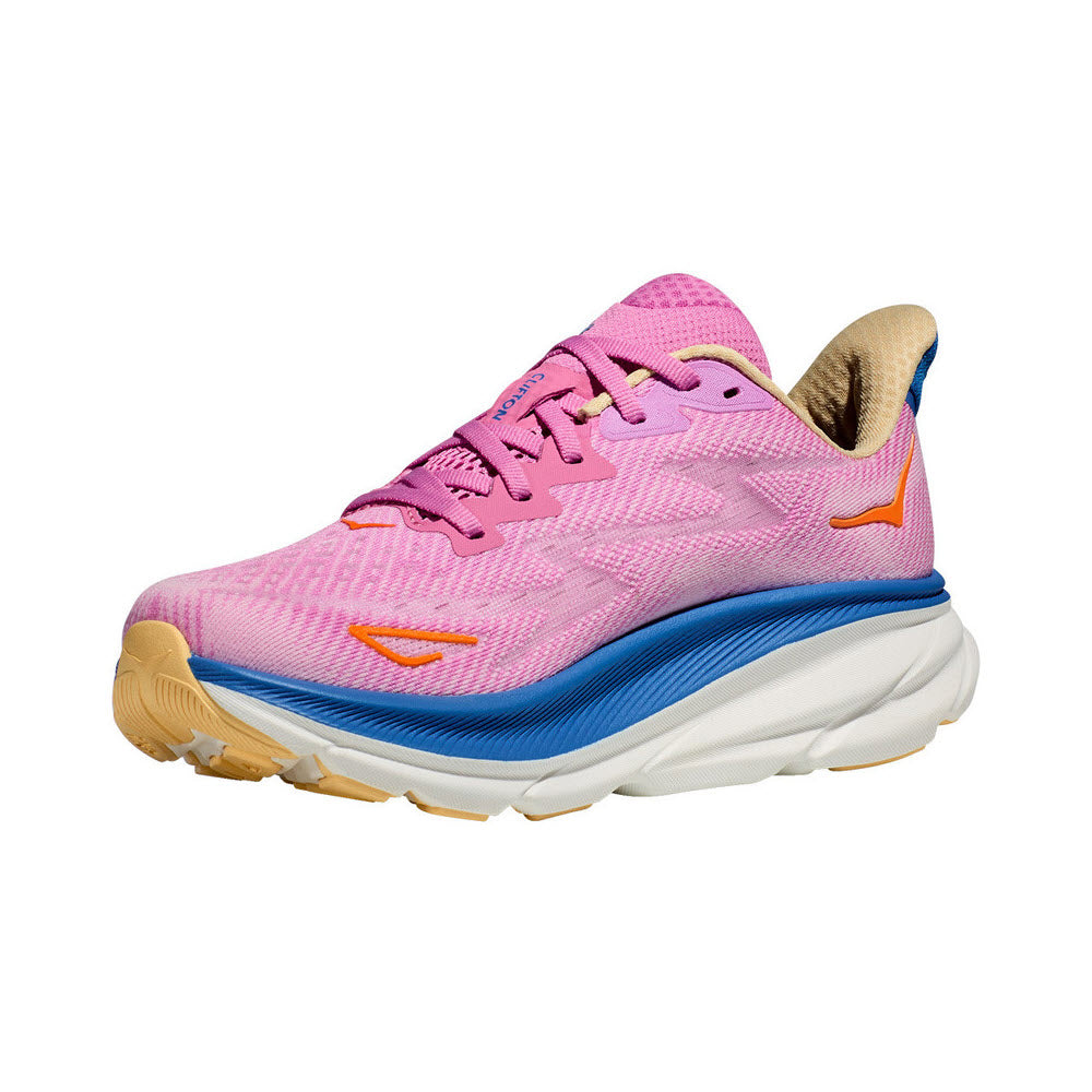 Pink HOKA CLIFTON 9 CYCLAMEN/SWEET - WOMENS running shoe with blue and orange accents and a thick, white sole on a white background.