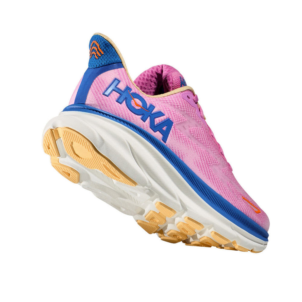 A HOKA CLIFTON 9 CYCLAMEN/SWEET running shoe featuring a pink and blue upper with a thick, white and gold improved outsole design, displayed against a white background.