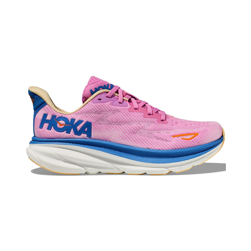 A pink HOKA Clifton 9 Cyclamen/Sweet running shoe with blue and orange accents, featuring a prominent HOKA logo on the side, displayed against a white background.