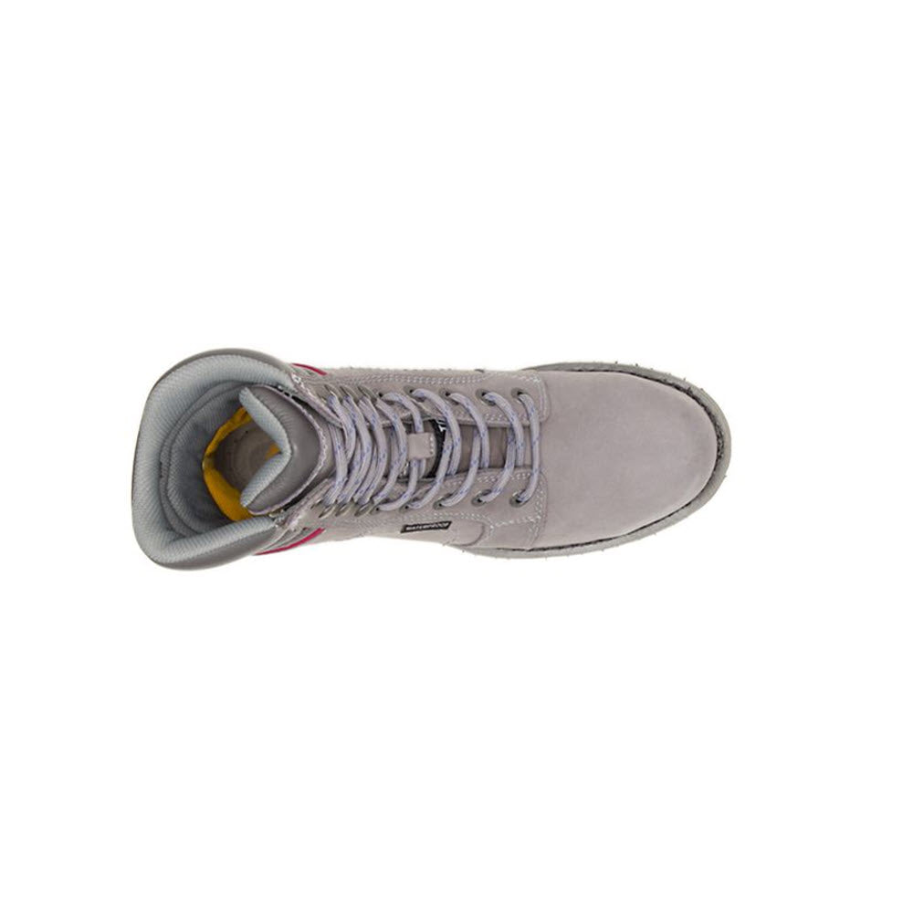A top-down view of a Caterpillar ECHO Waterproof Frost Gray women’s work boot with laces, showing a yellow insole and gray interior.