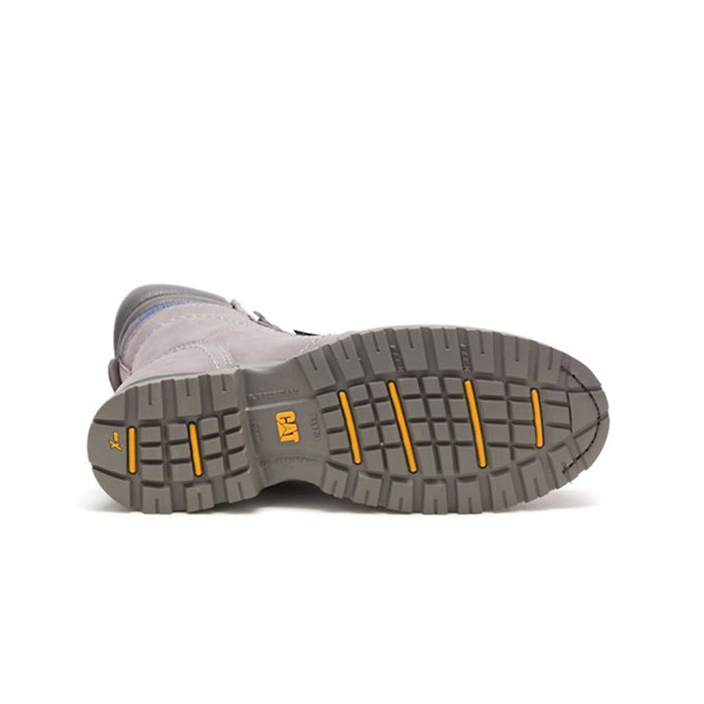 A Caterpillar ECHO Waterproof Frost Gray - Women&#39;s work boot with a distinctive, rugged sole featuring yellow details, displayed against a white background.