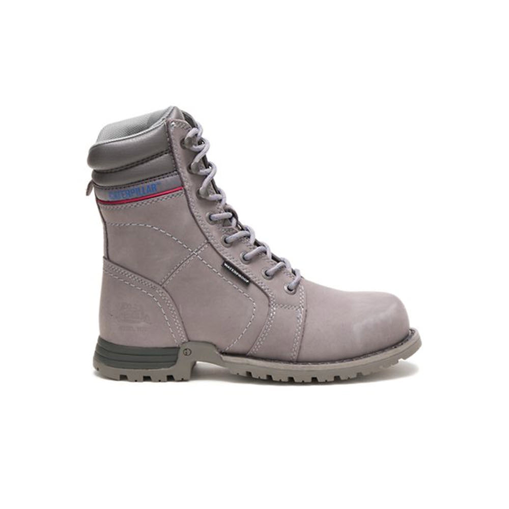 A light gray women’s Caterpillar Echo work boot with laces on a white background.