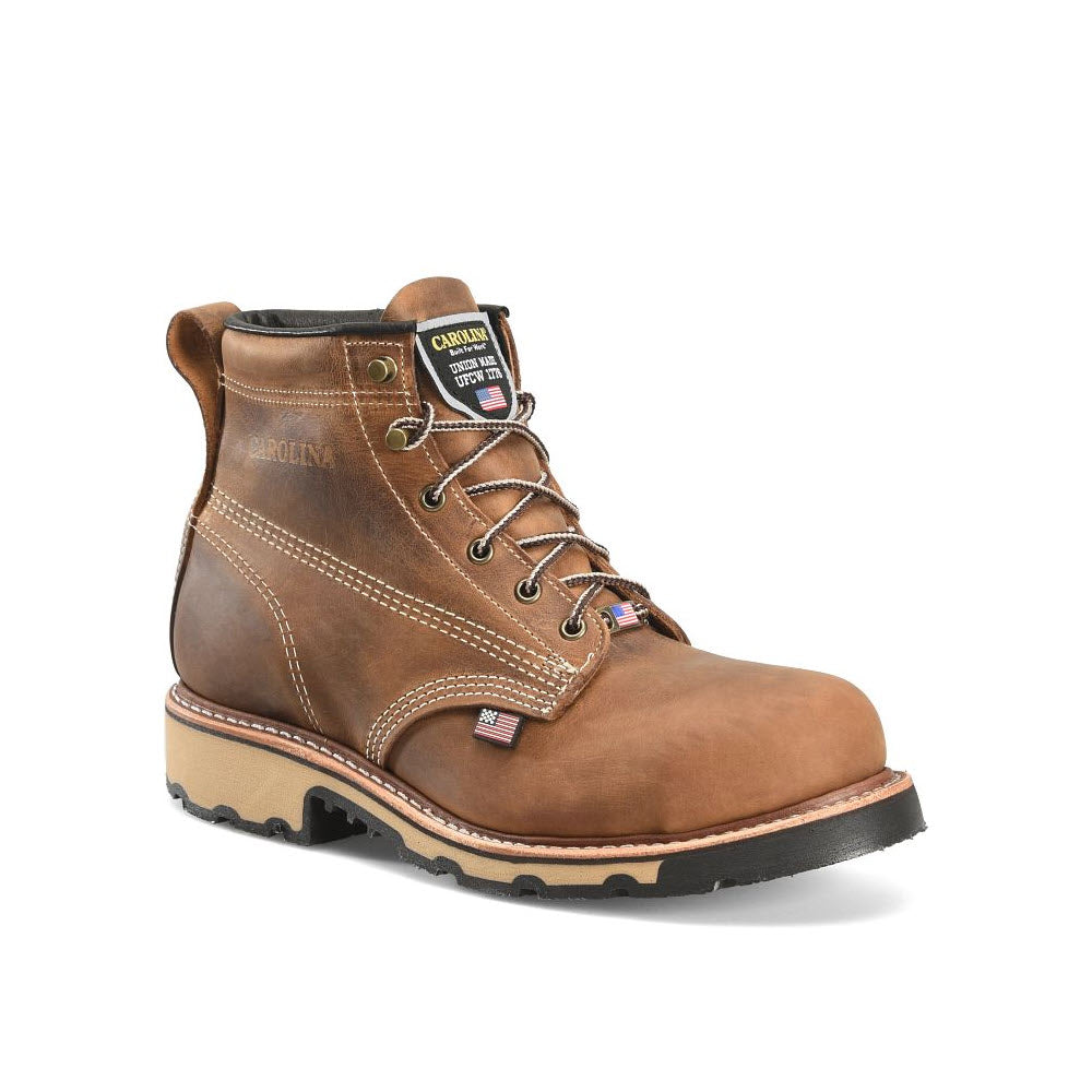 A single Carolina 6&quot; Ferric USA steel toe work boot in brown leather, featuring a padded collar and a thick rubber sole, isolated on a white background.