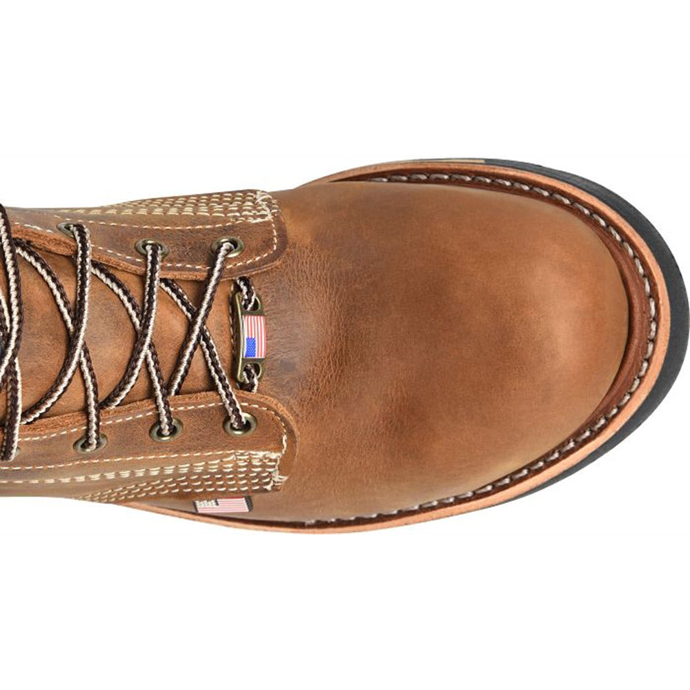 Top view of a Carolina Ferric USA 6&quot; steel toe work boot in brown leather with laces and visible stitching details, featuring a small American flag tag.