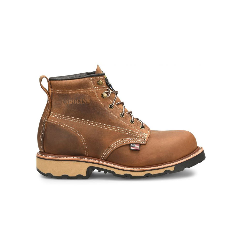 A single Carolina branded CAROLINA FERRIC USA 6&quot; STEEL TOE WORK BOOT BROWN - MENS with a high ankle, lace-up front, and robust slip-resisting Iron Heel, displayed against a white background.
