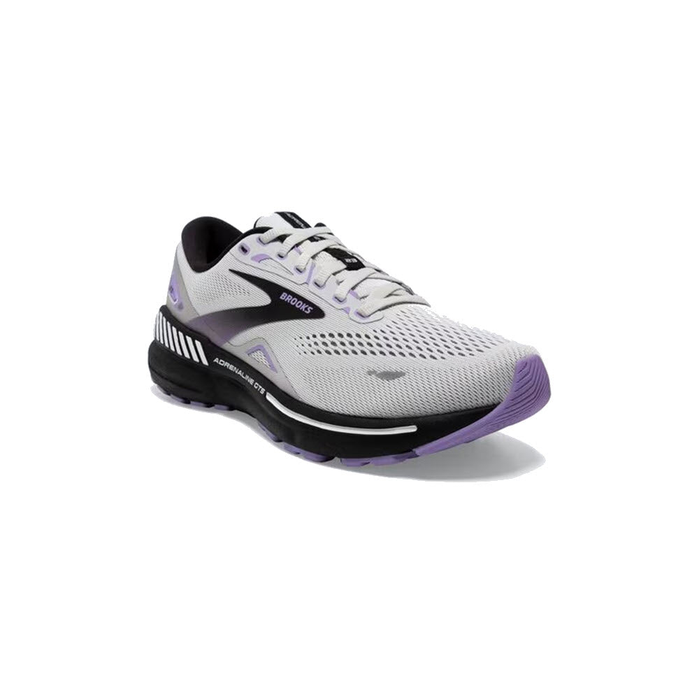A white and purple women&#39;s Brooks Adrenaline GTS 23 Grey/Black/Purple running shoe with black soles and the brand logo on the side, displayed on a white background.