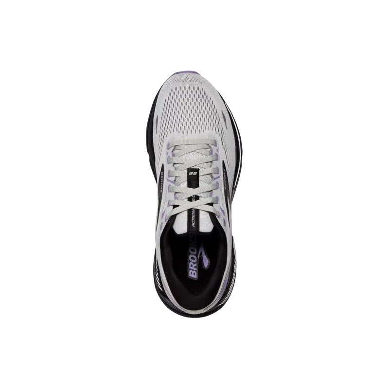 Top view of a pair of Brooks Adrenaline GTS 23 women&#39;s running shoes in gray and white, with purple accents and laced up.