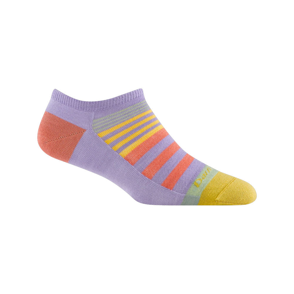 A single Darn Tough Beachcomber No Show Sock in Lavender for women, with horizontal stripes in shades of purple, orange, yellow, and green, displayed on a white background.