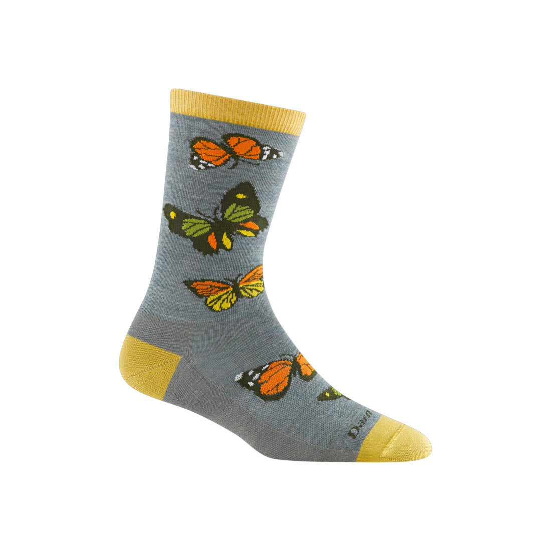 A single Seafoam Darn Tough women&#39;s flutter sock with a yellow toe and heel, decorated with a pattern of monarch butterflies.