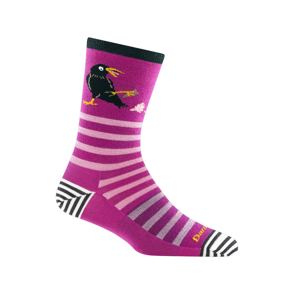 A purple Darn Tough Merino Wool sock featuring a black raven design and striped patterns, displayed against a white background.
