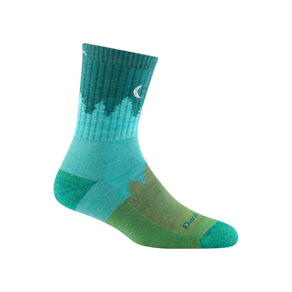 A single aqua Darn Tough Treeline Micro Crew sock with a graphic design and visible brand logo, displayed against a white background.