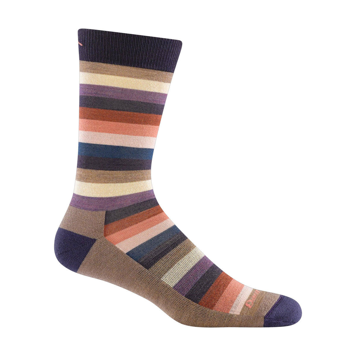 A single Darn Tough Merlin Crew socks with multicolored horizontal stripes and a reinforced heel and toe area displayed against a white background.