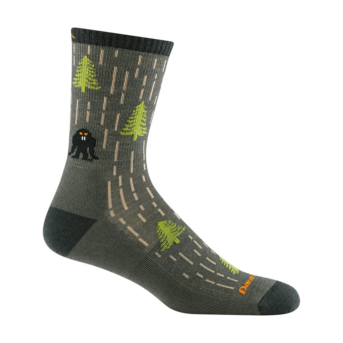 A single Darn Tough sock featuring a pattern of green pine trees, black bears, and orange dotted trails, with a lightweight micro crew design and reinforced heel and toe areas.