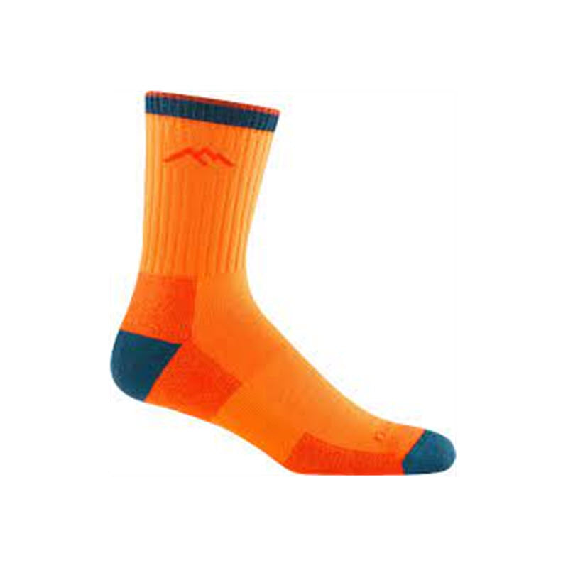 A single Darn Tough Hiker Micro Crew Sock in Blaze for men with blue accents on the heel, toe, and ankle, suitable for low-cut hiking shoes, displayed against a white background.