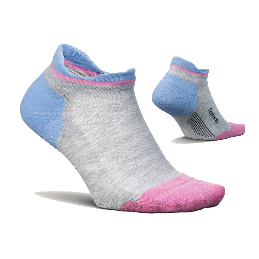 Two pairs of Feetures Elite Max Cushion No Show Tab socks in Cosmic Purple for women, one in front view and one in back view, featuring pink, blue, and gray colors on a white background.
