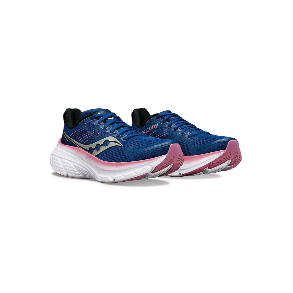 A pair of blue and pink Saucony Guide 17 Navy/Orchid running shoes with CenterPath Technology and a white sole, displayed against a white background.