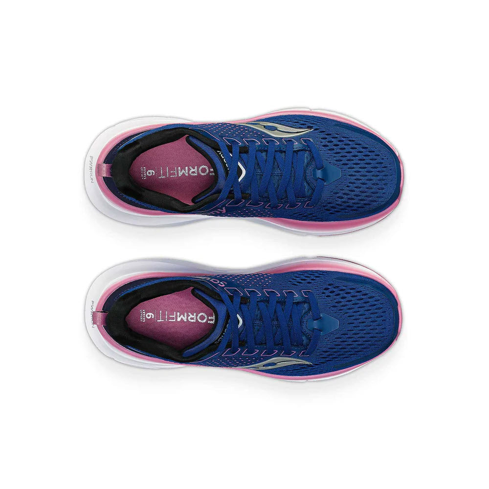A pair of blue and purple Saucony Guide 17 Navy/Orchid - womens running shoes viewed from above, showing the top and insoles with the brand &quot;Saucony&quot; visible.
