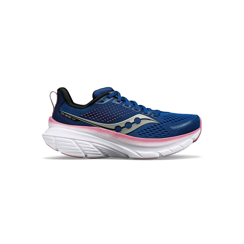 Blue and pink Saucony Guide 17 Navy/Orchid - Women&#39;s max cushioned running shoe with a white sole presented on a white background.