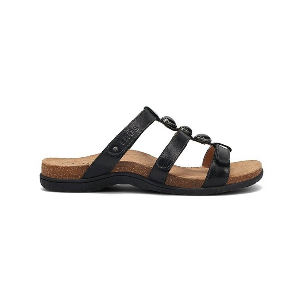 TAOS GEMMA BLACK - WOMENS sandal with Cork Support™ footbed and rubber outsole, isolated on a white background.