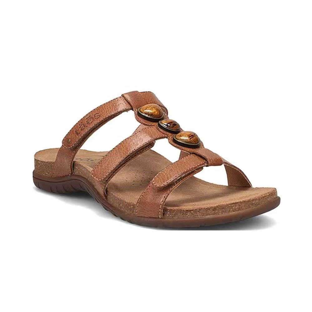A single hazelnut brown leather Taos Gemma sandal with three Tiger Eye stones on the straps, displayed against a white background.