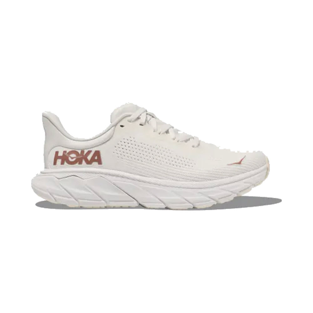 A single white Hoka Arahi 7 running shoe displayed against a plain background.