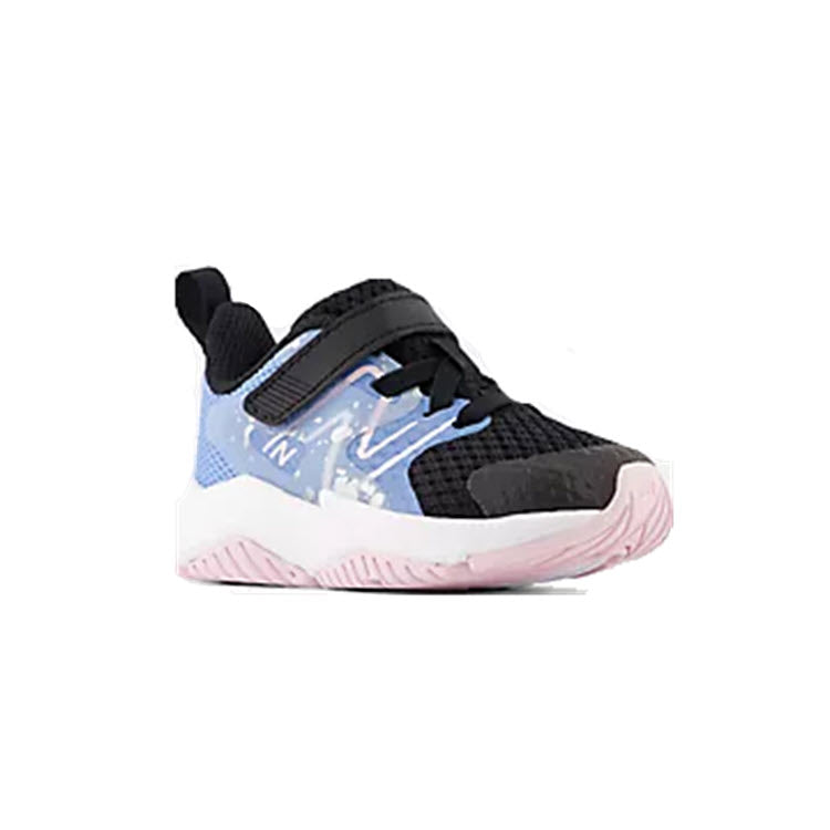 A child&#39;s sneaker featuring a black, blue, and pink color scheme with velcro straps and a chunky sole for plush comfort, like the New Balance Rave Run V2 Black/Blue - Kids.