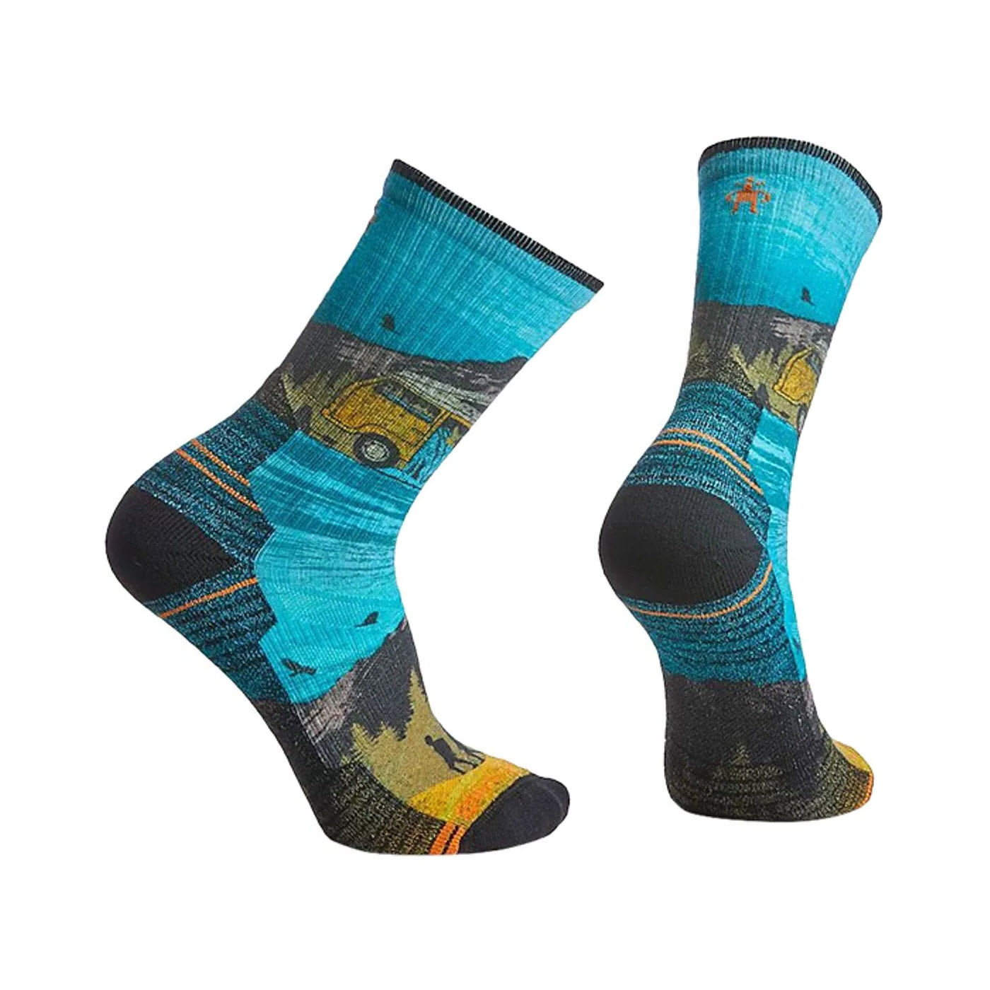 A pair of Smartwool Hike Crew Socks Great Excursion Print - Men with a landscape design featuring mountains and a camper van, displayed against a white background, offering light cushioning.