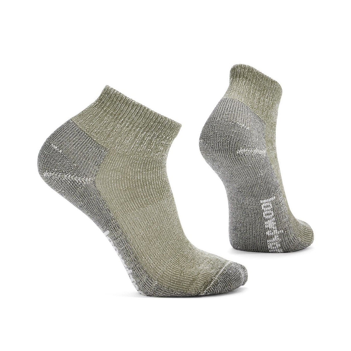 A pair of green Smartwool Hike Classic ankle socks in military olive for men isolated on a white background, designed with reinforced heel and toe regions.